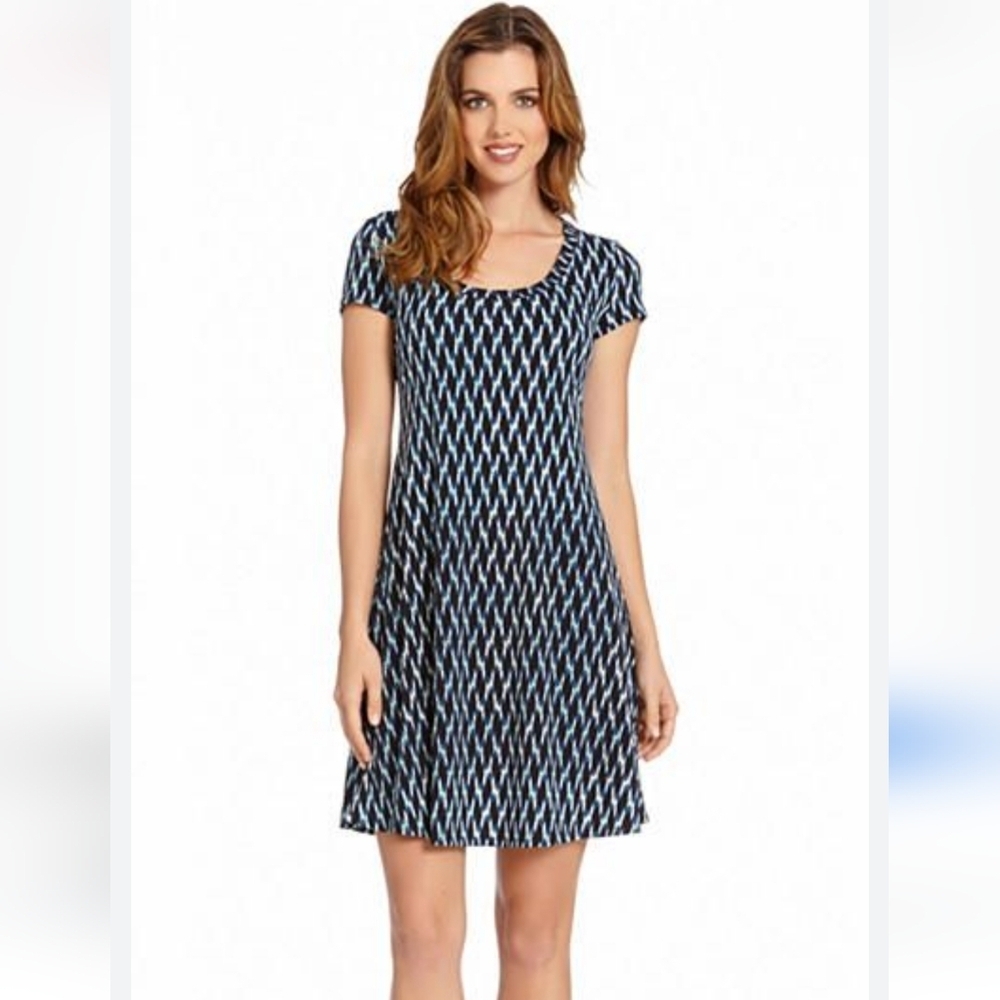 Karen Kane geometric blue & black short sleeve dress